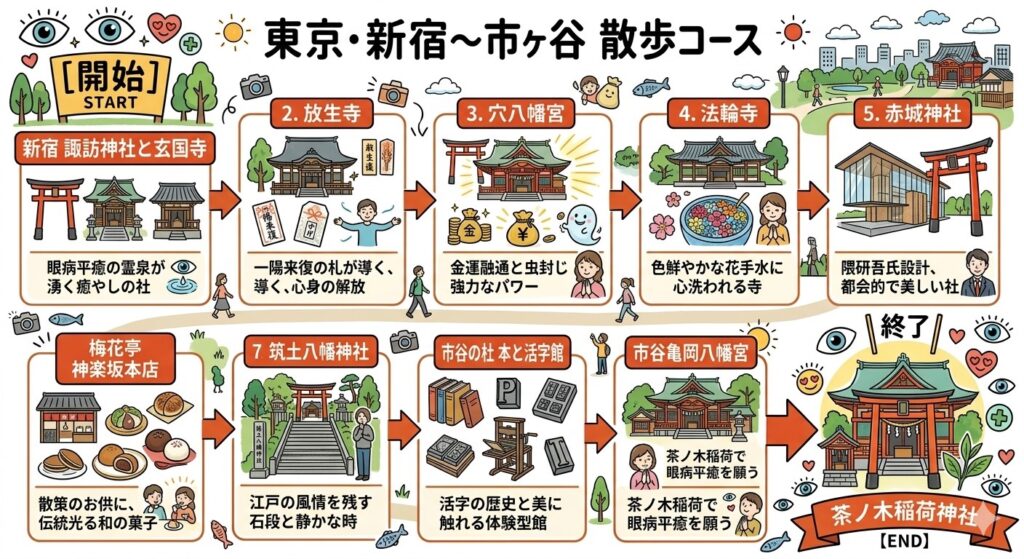 【新宿〜市ヶ谷】眼病平癒の神社を結ぶ歴史散歩。諏訪神社から茶ノ木稲荷神社を巡る開運ルート route to healing eye diseases map 1024x559 - 【新宿〜市ヶ谷】眼病平癒の神社を結ぶ歴史散歩。諏訪神社から茶ノ木稲荷神社を巡る開運ルート
